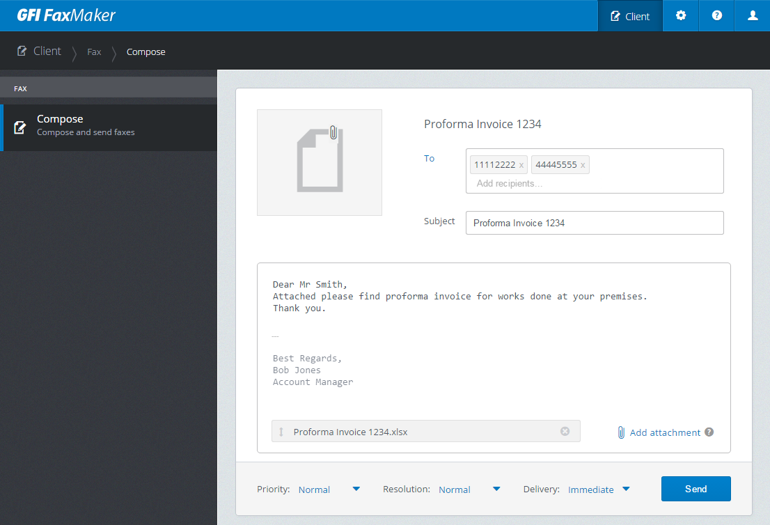 Composing fax message via client